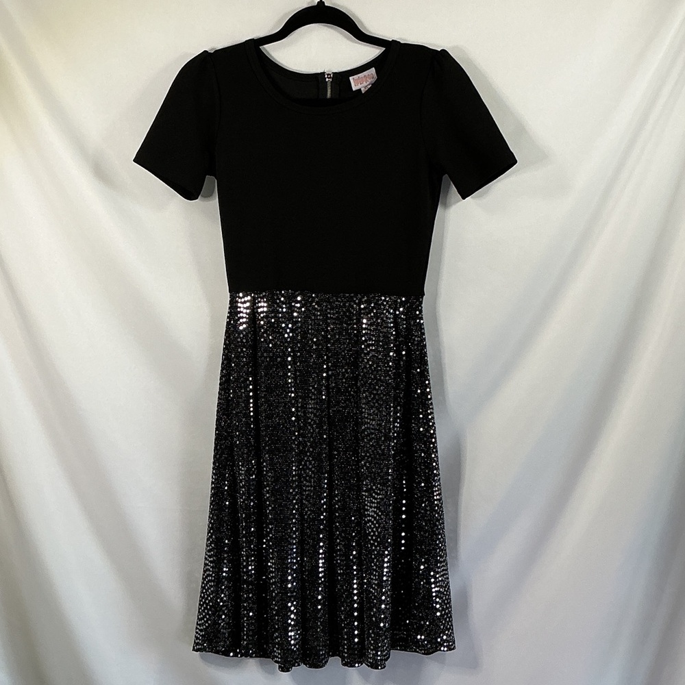 LuLaRoe Elegant Amelia A-line Dress Size XS Black Silver Sequin Fit Flare